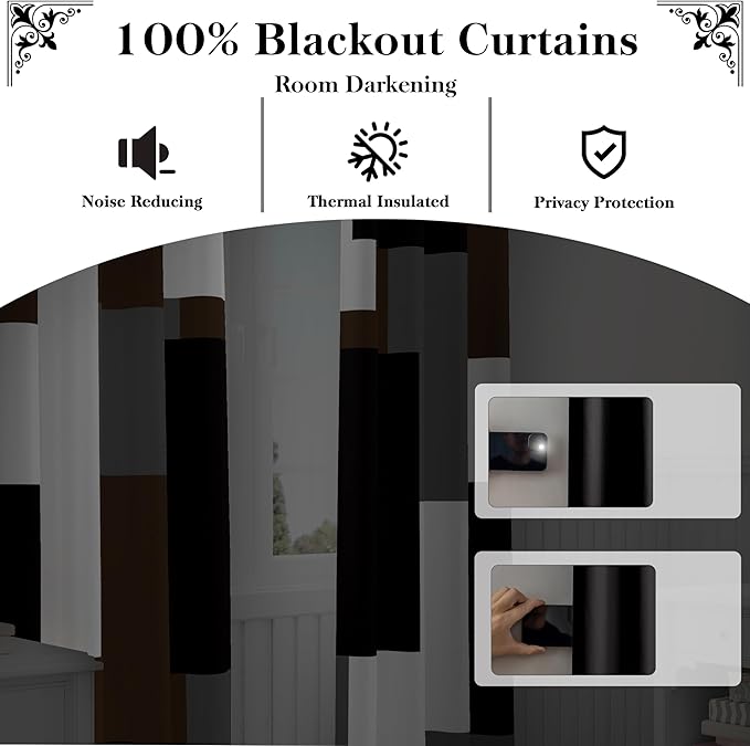 Brown 100% Blackout Curtains for Bedroom 96 inch Long 2 Panels Set Black White Gray Modern Abstract Geometric Black Out Curtains Insulated Room Darkening Window Drapes for Living Room, 52Wx96L