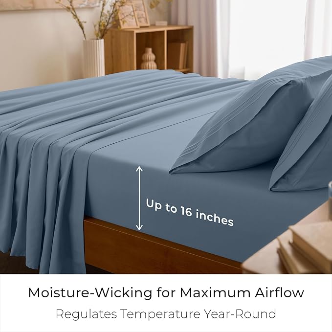 Mellanni Twin Sheet Set - 4-Piece Iconic Collection Bedding, (Including 2 Pillowcases), 16-Inch Deep Pocket, Easy Care, Extra Soft, Cooling Sheets, Brushed Microfiber - Blue Hydrangea