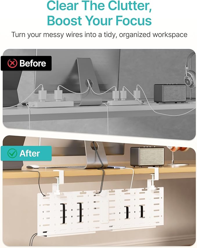 Under Desk Cable Management Tray, 30.2" Vertical Metal Pegboard Organizer for Power Strip, Cables, Clamp On Cord Organizer Rack with Hooks, Trays & Cable Straps for Home Office, White