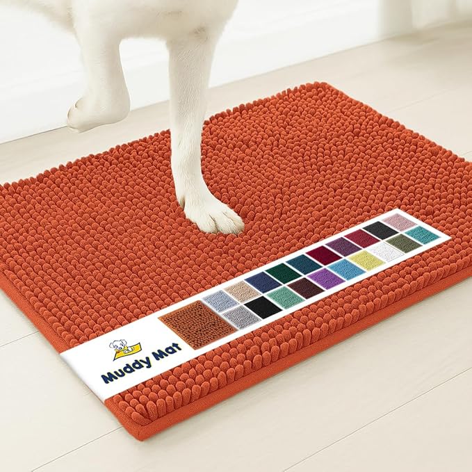 Muddy Mat® Shown on TV – Super Absorbent Microfiber Dog Door Mat for Muddy Paws, Non-Slip Washable Pet Rug, Quick Dry Chenille Entryway Carpet, Machine Washable Indoor Outdoor mat, Orange 28"x18"