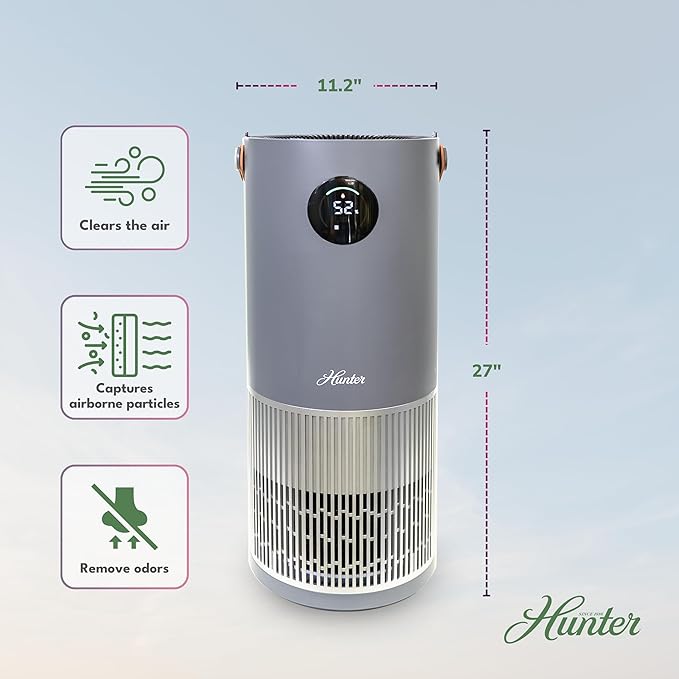 Hunter Fan Company Humidifier and Air Purifier In One, Advanced Filtration Air Purifiers for Home, Air Purifiers for Home Pets, Humidifiers for Bedroom and Humidifiers for Bedroom Baby, Grey/Silver