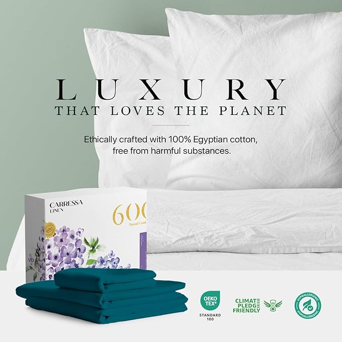 Carressa Linen 100% Egyptian Cotton Twin Sheets Set - 600 Thread Count Egyptian Cotton Luxury Twin Sheets (3 PC, Peacock Teal), 16" Deep Pocket, Soft, Cooling, Sateen Weave College Dorm Room Bedding