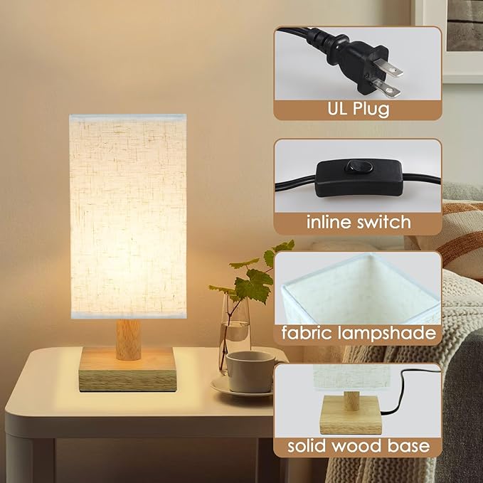 Small Bedside Table Lamp for Bedroom, Minimalist Nightstand Lamp with Square Fabric Linen Shade, Mini Cute Study Reading Desk Lamp Night Table Lamp for Living Room,Nursery, Home, Office,4.3in