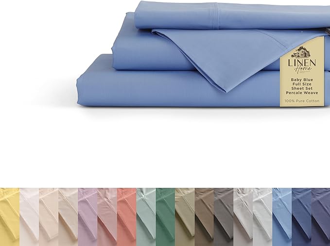 Linen Home 100% Cotton Percale Sheets Full Size, Baby Blue, Deep Pocket, 4 Pieces Set - 1 Flat, 1 Deep Pocket Fitted Sheet and 2 Pillowcases, Crisp Cool and Strong Bed Linen