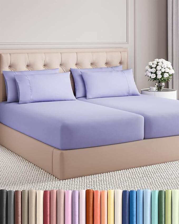 Split King 7 Piece Sheet Set - Cooling & Breathable - Hotel Luxury Bedding, Includes Fitted Sheets for Women, Men, Kids & Teens - 1 Flat, 2 Fitted Sheets, 4 Pillowcases with Deep Pockets - Lavender