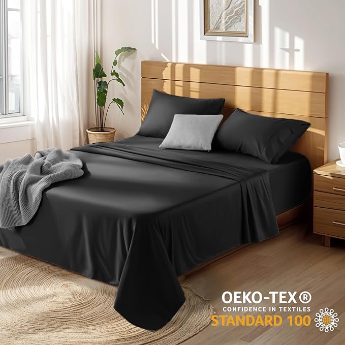 LBRO2M 100% Cotton Sheets Set Deep Pocket 19", 1000 Thread Count Queen Size 4 Piece Bed Sheet Sets Soft Comfortable Bedding All Season (Queen, Black)