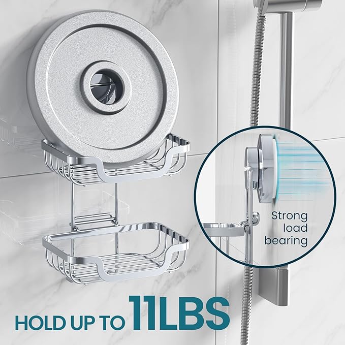 TAILI Double Layer Soap Holder, Drill-Free Bar Soap Dish Tray Suction Cup, Draining for Shower Wall, Bath Storage, Rustproof Stainless Steel Sponge Holder for Tub, Kitchen, Silver