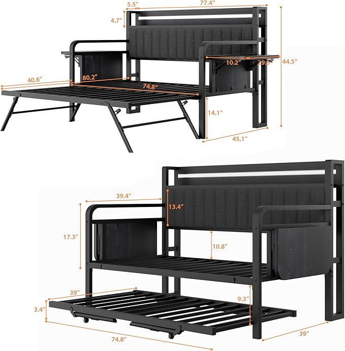 Daybed with Trundle, Twin Trundle Bed Frame - Metal Day Bed with LED Lights, Upholstered Storage Headboard & Charging Station, Pop Up Sleeper, Modern Design for Living Room and Guest Room-Black
