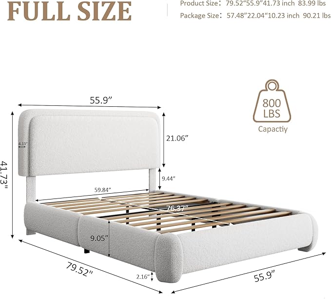 Full Size Boucle Platform Bed Frame, Upholstered Cloud with Adjustable Headboard, Anti-Collision Soft Rounded Corners, No Box Spring Required, Easy Assembly, Noise Free