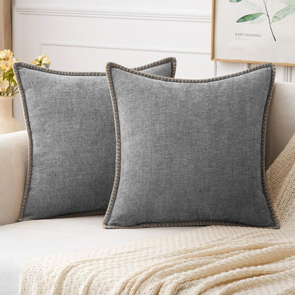 MIULEE Pack of 2 Couch Throw Pillow Covers 24x24 Inch Dark Gray Farmhouse Decorative Pillow Covers with Stitched Edge Soft Chenille Solid Dyed Spring Pillow Covers for Sofa Bed Living Room