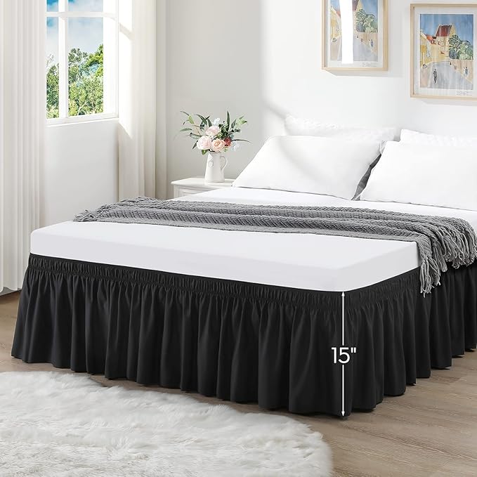RIMELA Black Bed Skirt Queen Size 15 Inch Drop, Elastic Bed Skirting for Bed Base and Frame, Bedding Dust Ruffle Easy to Install, Lightweight Wrap Around Adjustable Bedskirt