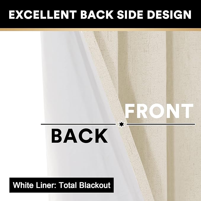 PrinceDeco Linen Texture Curtains 100% Blackout Curtains 64 inch Long 2 Panels Set Full Blackout Linen Curtains with Thermal Insulated Liner Noise Reducing, 42" Wide,64" Length,Bleached Sand