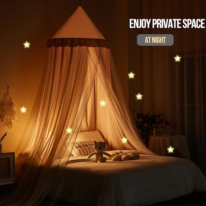 Kertnic 31.5inch Large Dome Bed Canopy for Girls, Double Layer Dreamy Ruffle Princess Canopy, Bedroom Hanging Tent Kids Reading Nook Canopies,Full Queen Bed Canopy Curtain (Beige Pink)