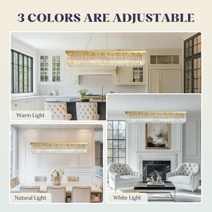 10 Lights Modern Crystal Chandelier, Gold K9 Rectangle Rectangular Chandeliers,Luxury Flush Mount Pendant Ceiling Light for Dining Room Kitchen Island L47''xW10''xH10''