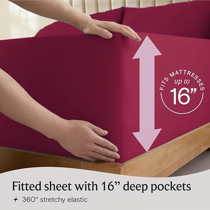 LuxClub 4 PC King Sheet Set, Deep Pockets Wrinkle Free Cooling Bed Sheets Hotel Bedding for Women, Men, Includes 1 Fitted Sheet, 1 Flat Sheet and 2 Pillowcases-Burgundy
