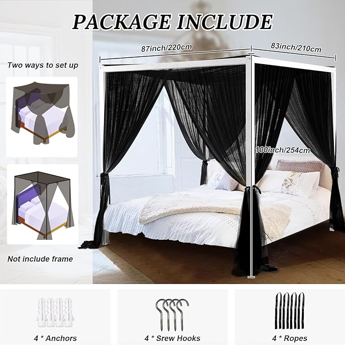 South to East Black Canopy Bed Curtains, 4 Corner Post Bed Canopy for Girls & Adults, Top Luxurious Bed Drapes for Bedroom Decoration, 4 Openings, 100% Ripstop Polyester, Easy Install, King/Queen Size