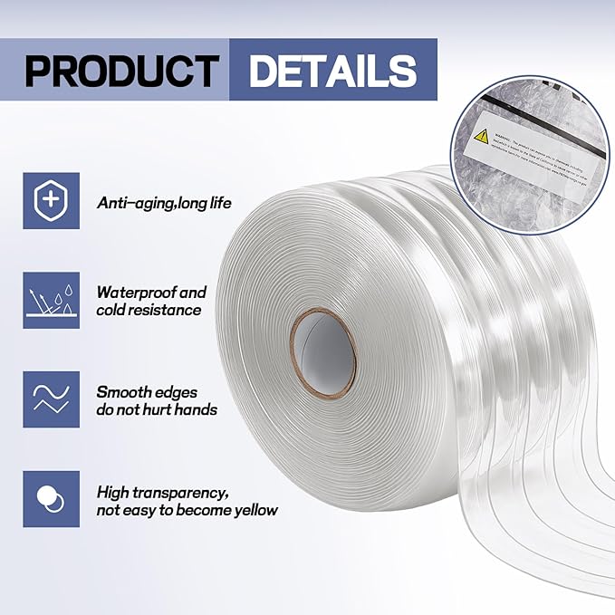 Moukeren Plastic Door Curtain for Winter 100 ft x 8 Inch Thermal Insulated Garage Door Strip Curtains Smooth Waterproof Clear PVC Strip Curtain for Warehouse Freezer, 0.08" Thickness(Striped)