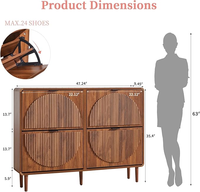 Turtle&Myrtle Narrow Fluted Shoe Cabinet for Entryway, Slim Hidden Shoe Rack, Wooden Freestanding Shoe Storage Organizer with 4 Flip Drawers, Hallway, Living Room, Foyer (Walnut)