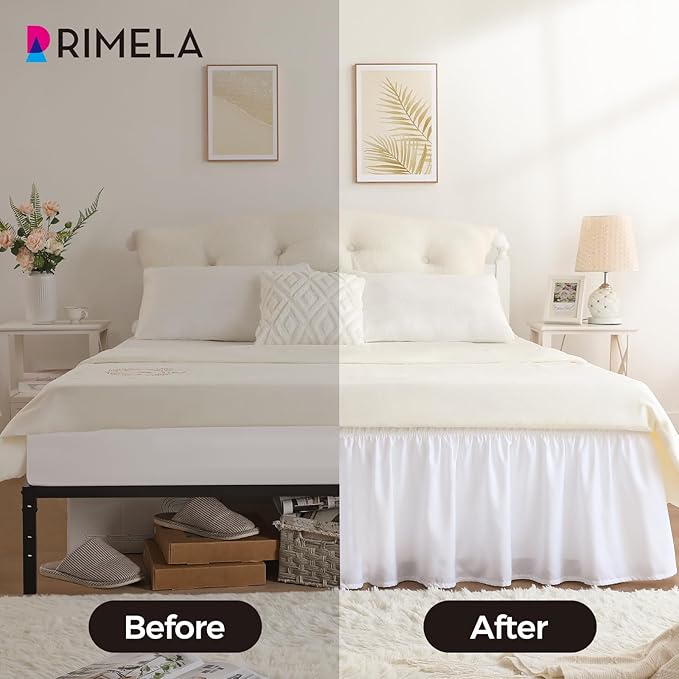 RIMELA White Bed Skirt King Size 21 Inch Drop, Elastic Bed Skirting for Bed Base and Frame, Bedding Dust Ruffle Easy to Install, Lightweight Wrap Around Adjustable Bedskirt
