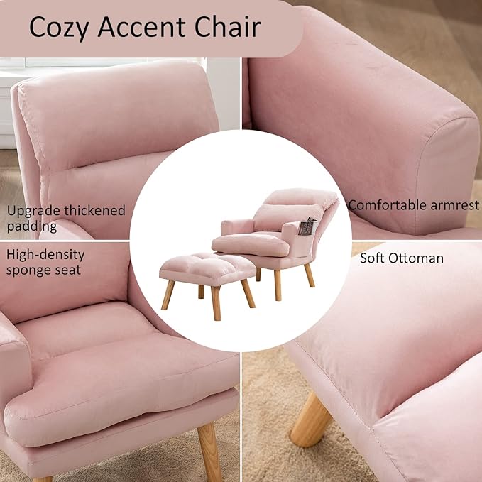 INZOY Accent Chairs with Ottoman, Modern Comfy Chair with Adjustable Backrest and Side Pockets, Velvet Fabric Armchair with Ottoman for Bedroom Living Room (Pink)
