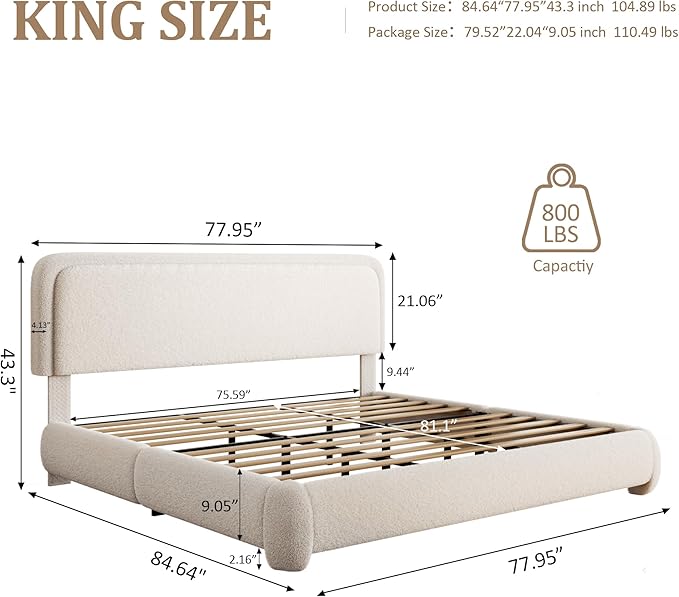 King Size Boucle Bed Frame, Upholstered Cloud Platform Bed Frame with Headboard, Anti-Collision Soft Rounded Corners, No Box Spring Required, Easy Assembly, Noise Free, Adjustable Headboard