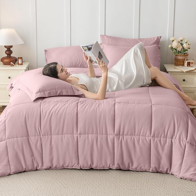 JOLLYVOGUE King Comforter Set, Ultra-Soft Bed in a Bag King Size 7 Pieces, Oeko-TEX Certified Bedding Set with Down Alternative Comforter, Sheets, Pillowcases & Shams, Camio Pink