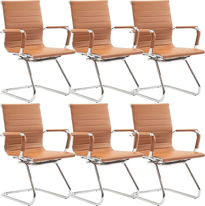 Wahson Office Guest Chairs Set of 6, Leather Reception Chairs, Mid Back Waiting Room Chair, Conference Chairs with Sled Base, Desk Chair No Wheels for Meeting/Lobby/Restroom, Terracotta