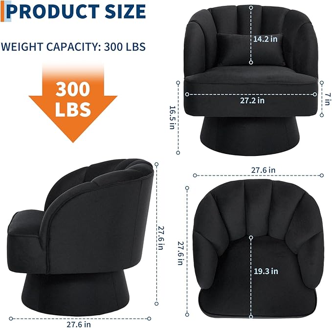 GarveeHome Modern Swivel Barrel Accent Chair, 360 Degree Velvet Upholstered Armchair with Striped Backrest & Plush Padding, Comfy Round Lounge Chair for Living Room, Bedroom, Reading Nook, Black