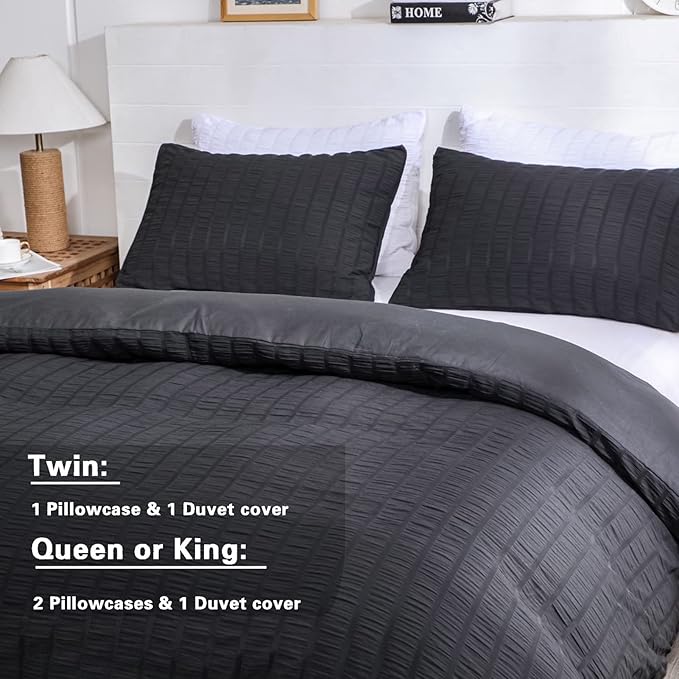 AveLom Seersucker Duvet Cover Set Full Size (80 x 90 inches), 3 Pieces (1 Duvet Cover + 2 Pillow Cases), Black Ultra Soft Washed Microfiber, Textured Duvet Cover with Zipper Closure, Corner Ties