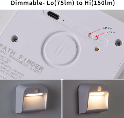 Group-Control Motion Sensor Night Light -Wireless Sync, 2200mAh Rechargeable Battery, 150LM/75LM Adjustable Brightness, 25s Auto-Off, Magnetic Mounting for Hallway/Stairs/Bedrooms（3 Pack）
