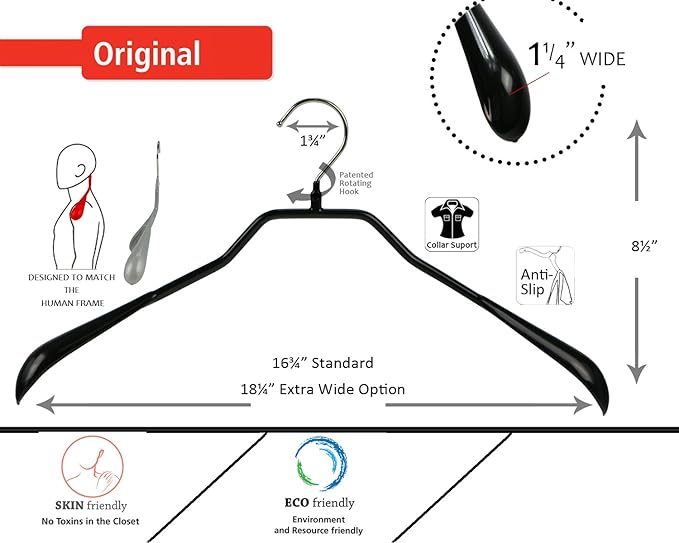 Mawa by Reston Lloyd BodyForm Series Non-Slip Space-Saving Clothes Hanger for Jackets, Suits and Coats, 16-1/2", Style 42/L, 1-Each, Black