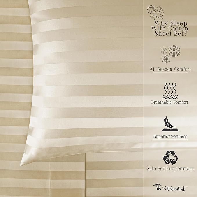 URBANHUT 800 Thread Count 100% Cotton Damask Full Size Sheets, 4 Piece Striped Full Size Bedsheets, Luxury Hotel Sheets Sateen Weave - Better Than Egyptian, 16" Elasticized Deep Pocket- Sand