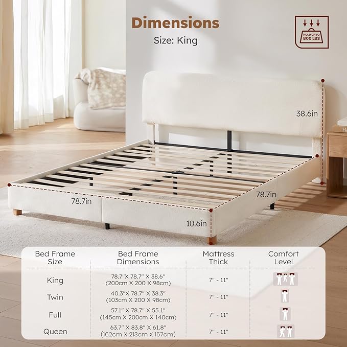 King Size Cloud Bed Frame, Upholstered Boucle Bed Frame with Adjustable Headboard, Solid Wood Legs, Rounded Corners Design & Easy Assembly – Modern Platform Bed,Cream