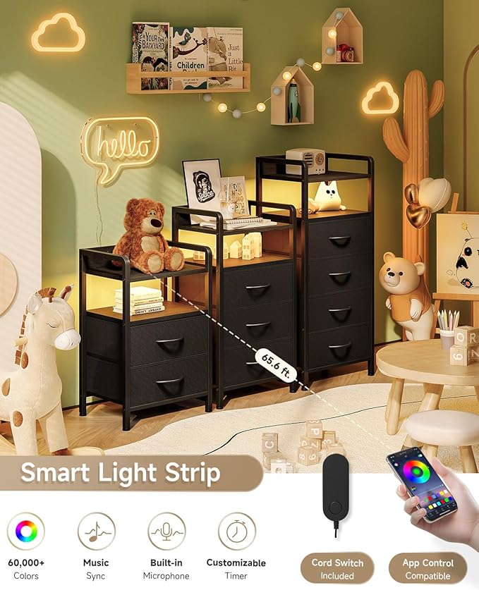 Night Stand Bedside Charger Bedroom - Nightstand with Charging Station & LED Light Strip, Night Stand with Storage Shelf & 2 Fabric Drawers, Morden End Table with U-S-B Ports & AC Outlets