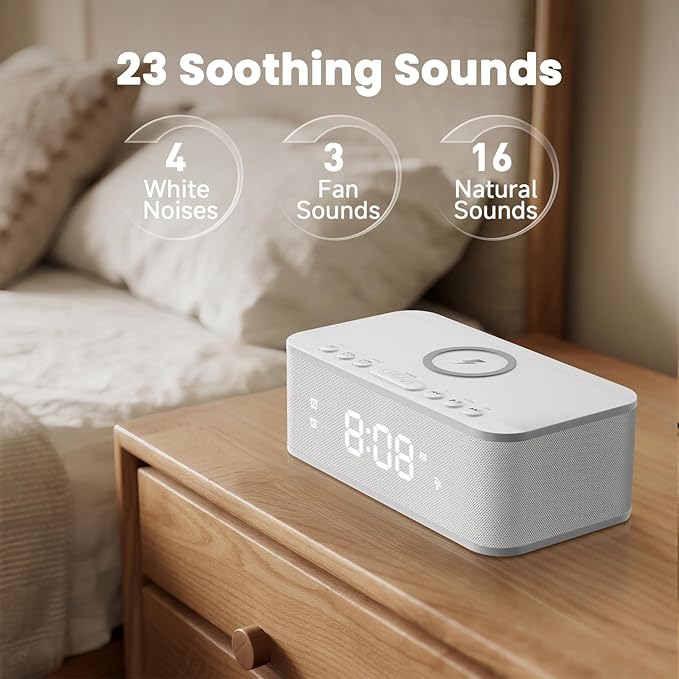 Digital Alarm Clock White Noise, Loud Digital Alarm Clocks Bedrooms, Alarm Clock Speaker Wireless Charger AUX USB Bluetooth Speaker 12/24H Dual Alarm Snooze Adjustable Brightness, White
