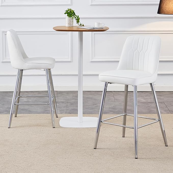 Bar Stools Set of 2, Counter Height Bar Stools with Back and Footrest,27" Barstools with Faux Leather Seat and Black Metal Legs,Counter Stools for Kitchen Island,Pub,White Barstools