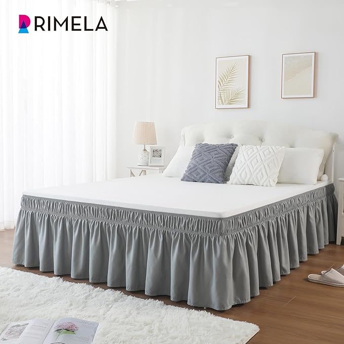 RIMELA Gray King Size Bed Skirt 15 Inch Drop, Elastic Bed Skirting Cal King, Light Grey Bedskirt for Adjustable Bed Base and Frame, Lightweight Wrap Around Dust Ruffle