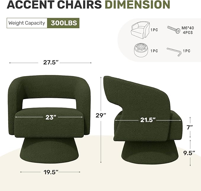 Swivel Accent Chair Set of 2, Modern Comfy Teddy Barrel Chairs, Oversized Upholstered Round Arm Chair for Living Room, Bedroom, Reading Room, Green
