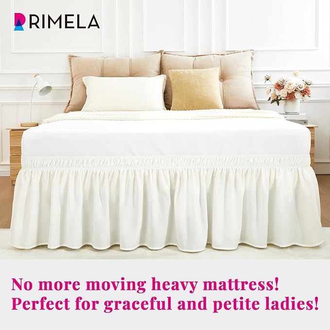 RIMELA White Bed Skirt Queen Size 12 Inch Drop, Wrap Around Elastic Adjustable Bedskirt, Bed skirting Dust Ruffle for Bed Frame & Box Spring Soft Durable Fabric Machine Washable Easy to Install
