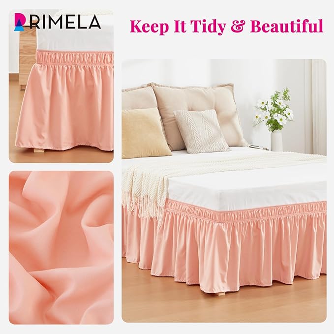 RIMELA Peachy Coral Bed Skirt King Size 15 Inch Drop, Wrap Around Elastic Bedskirt, Dust Ruffle for Adjustable Bed Base Machine Washable Easy to Install Bed Skirts