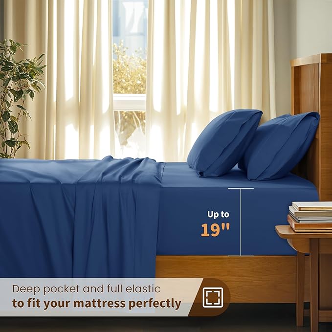 LBRO2M 100% Cotton Sheets Set Deep Pocket 19", 1000 Thread Count Full Size 4 Piece Bed Sheet Sets Soft Comfortable Bedding All Season (Full, Navy Blue)