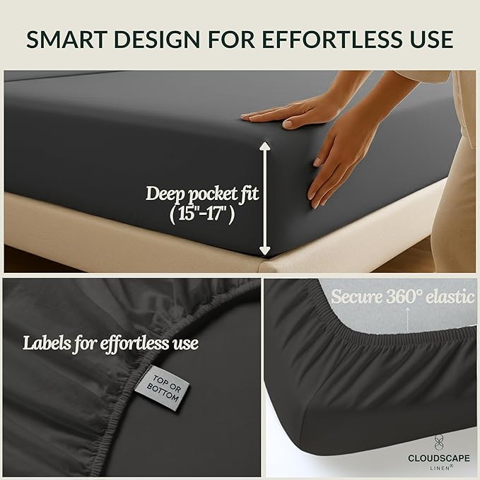 Cloud Scape Linen 100% Egyptian Cotton California King Sheet Set, 400 Thread Count,4 Pieces Luxury Bedding Set, Hotel Quality, Silky Soft, Breathable and Durable, Deep Pockets up to 17, Charcoal