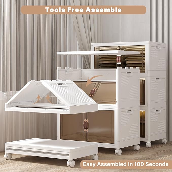 Extra Large Stackable Storage Bins with Lids & Wheels, Foldable Plastic Storage Bins (White, 1344QT-168QT/42GAL*4Pack)