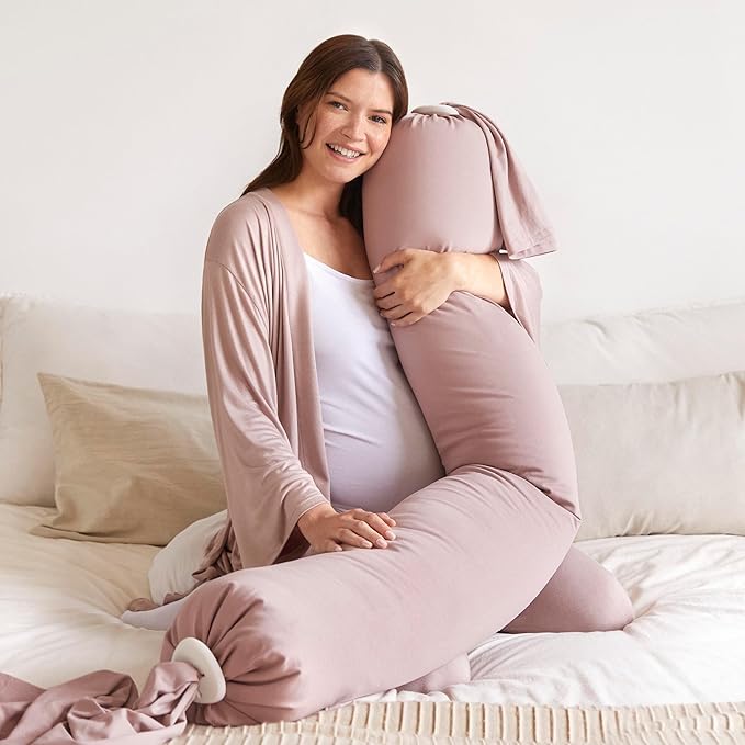 bbhugme Adjustable Pregnancy & Nursing Pillow Bundle – Full Body Support for Side Sleeping and Baby Care – Adjustable Firmness, Removable Covers – Dusty Pink & Grey Melange