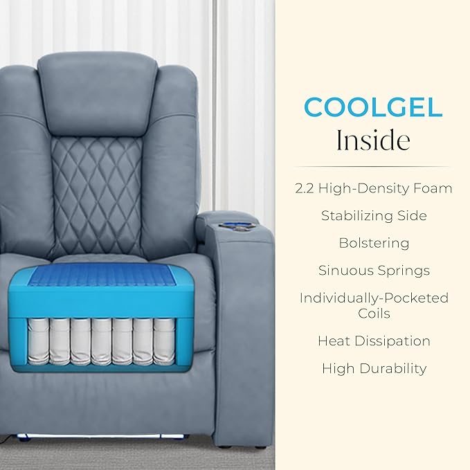 Seatcraft Diamante Zero-Gravity CoolZero Italian Leather Home Theater Seating, Power Headrest, Power Recline, Row of 3 Right Loveseat, Smokey Blue