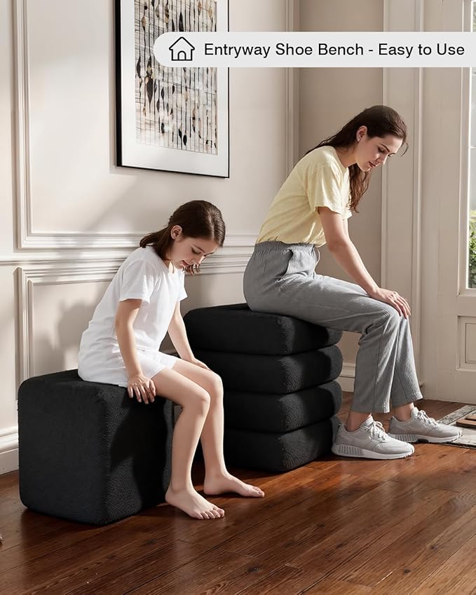 Sqare Set of 2 Sherpa Storage Ottoman Stool Boucle Vanity Stool Footstool with Removeable lid Load up to 440 lbs for Livingroom Bedroom Black UASND69B