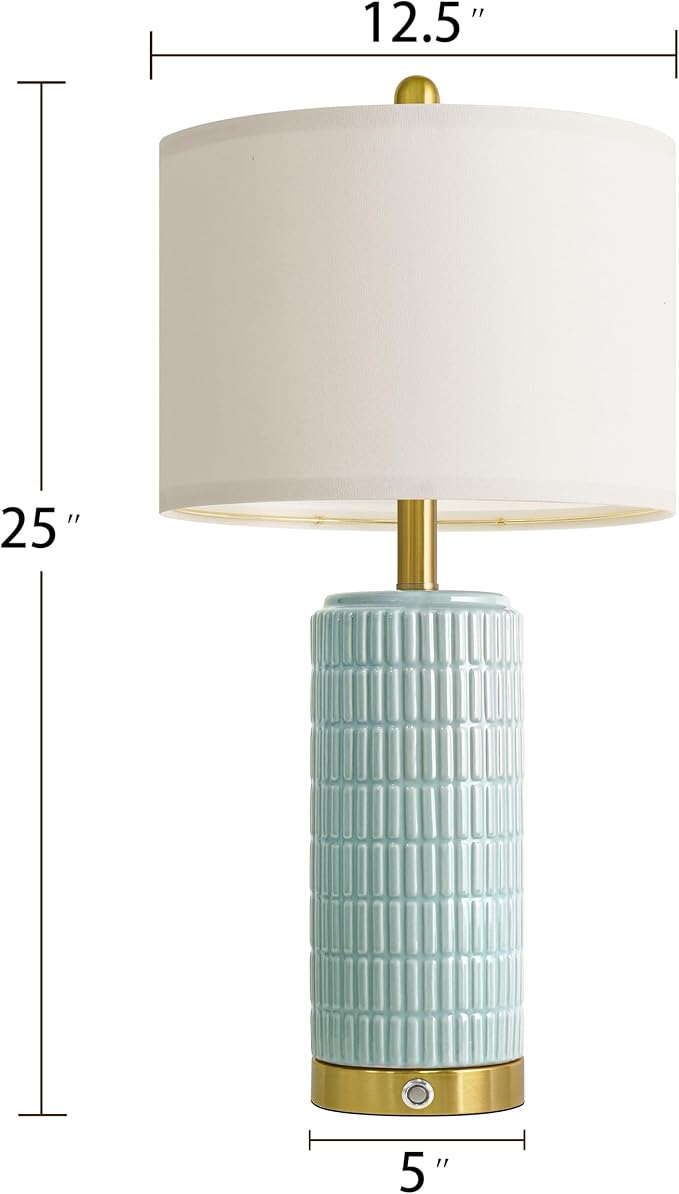PoKat 25'' Bedside Table Lamps Set of 2 for Living Room, 3-Way Dimmable Touch Lamps for Bedroom, Modern Lamps for Nightstand with USB Ports, Coastal Blue Lamp for Office Sideboard (Bulbs Included)