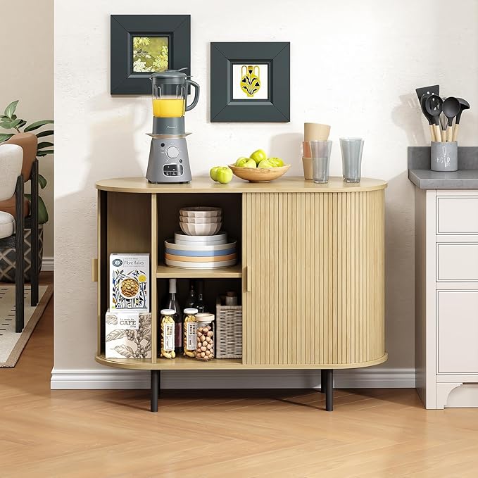 Buffet Cabinet with Storage, Fluted Sideboard Buffet with Sliding Door, Coffee Bar Cabinet with Adjustable Shelf, Console Table, Accent Table for Entryway, Kitchen (Oak, 40 Inch)