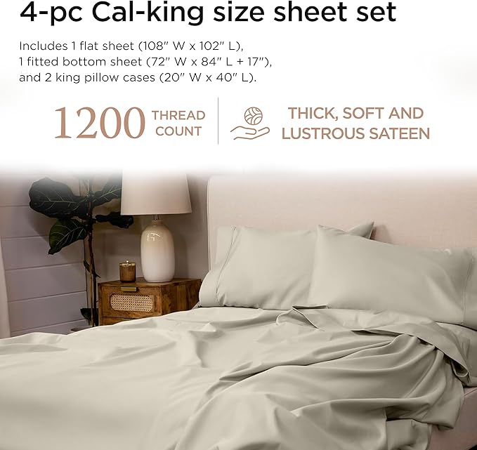 Threadmill California King Sheets, Certified American Supima Cotton Sheets, 1200 Thread Count Hotel Quality, 4 Piece Luxury Bed Sheets Set with Elasticized Extra Deep Pocket, Taupe