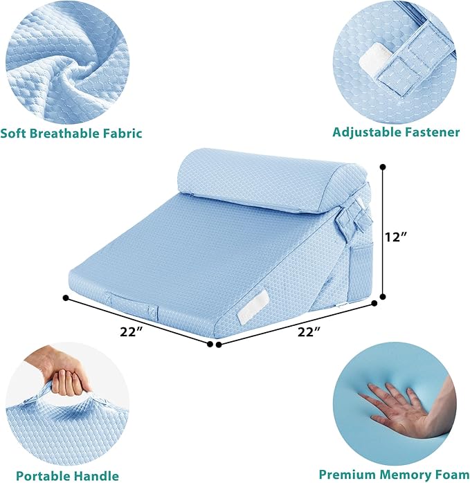Bedluxe 3Pcs Orthopedic Bed Wedge Pillow Set, Foam Wedge Pillow Post Surgery for Back, Leg and Knee Support, Adjustable 9&12 Inch Folding Triangle Pillow for Sleeping, Acid Reflux, Snoring, Light Blue